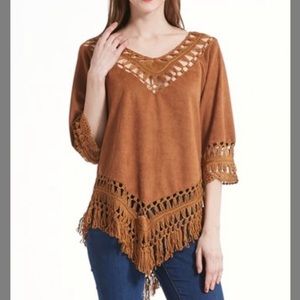 Camel crochet asymmetrical hem tunic